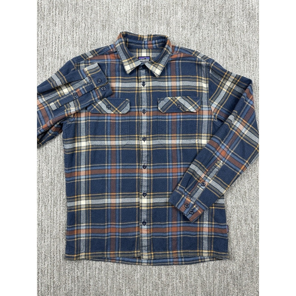 Patagonia Fjord Flannel Shirt Mens Medium Blue Plaid Organic Cotton Long Sleeve